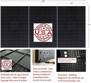 WallPeg Pegboard Kit Tool Organizer - Kit (PK-312-B) Peg Board Panels Locking Peg Hooks Set Workbench Organizer Tool Storage Pegboard Hooks (24 x 48 - 12 Bins) (Industrial)