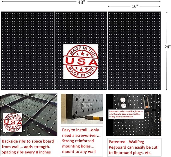 WallPeg Pegboard Kit Tool Organizer - Kit (PK-312-B) Peg Board Panels Locking Peg Hooks Set Workbench Organizer Tool Storage Pegboard Hooks (24 x 48 - 12 Bins) (Industrial)