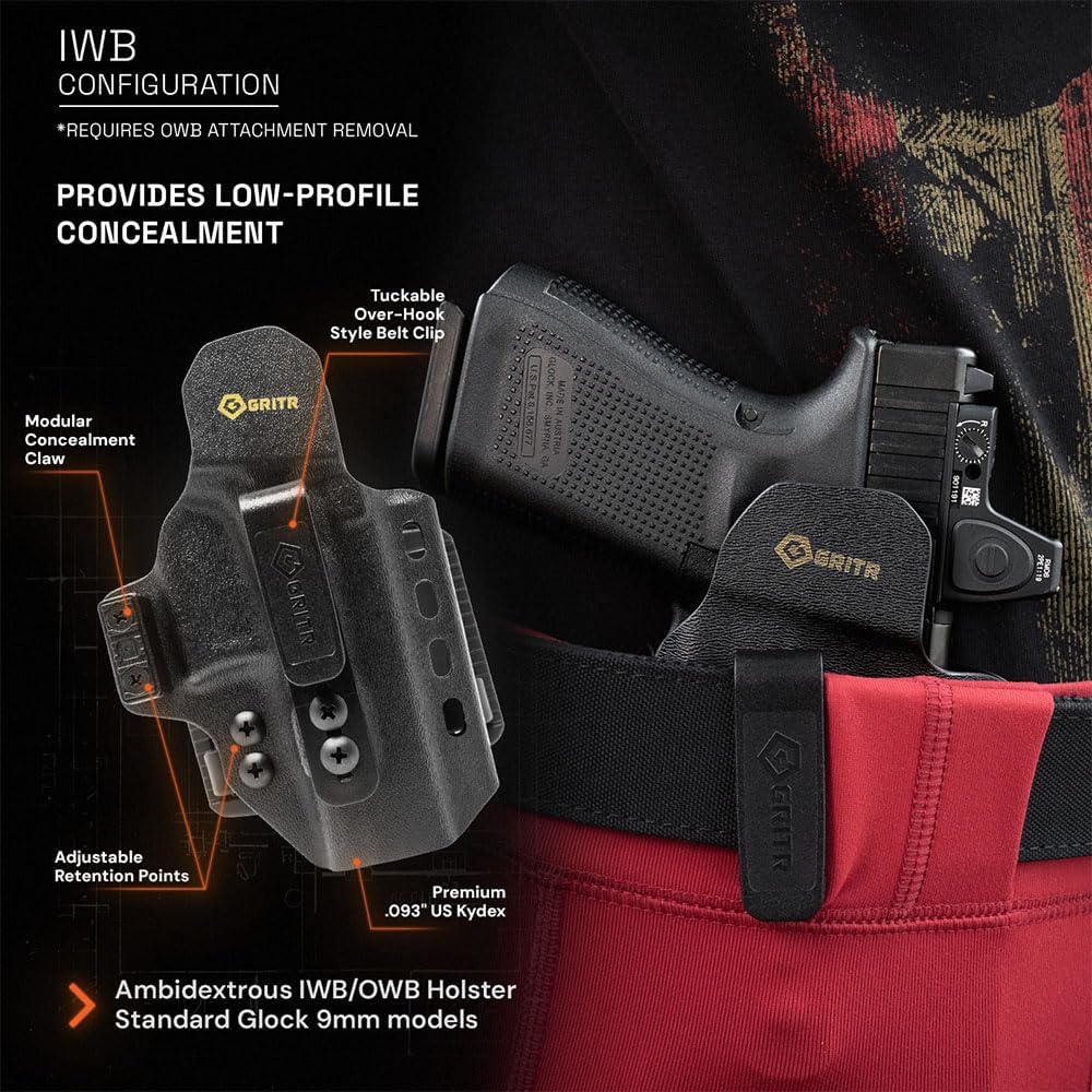 GRITR Omni IWB/OWB Kydex Modular Holster Fits Sig, Glock, Springfield, Walther, S&W, Canik & More - Ambidextrous EDC Gun Accessory w/Optic Cut, Open Bottom, Adjustable Concealment Claw & Retention