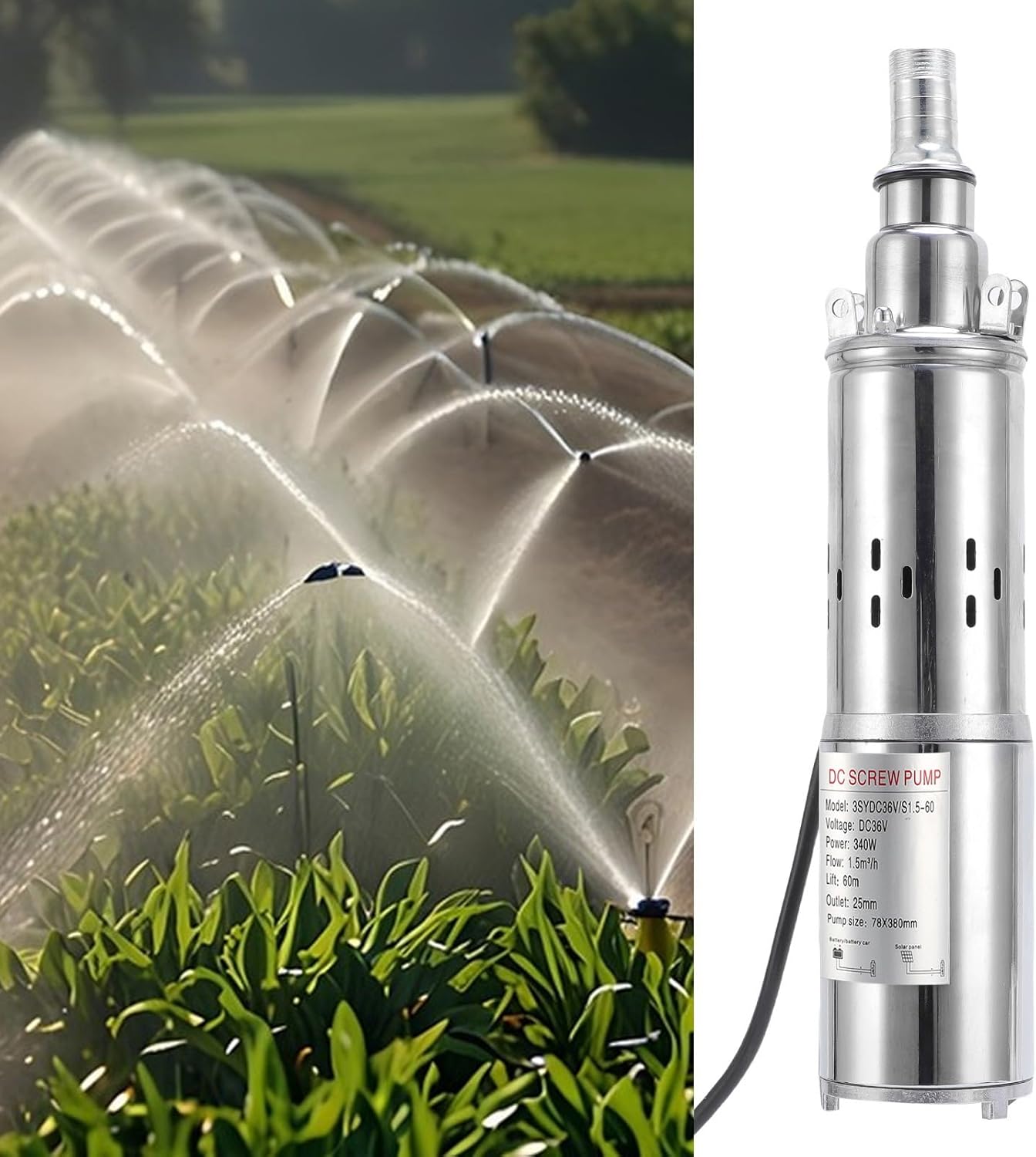 Fafeicy Solar Deep Well Pump 340W Submersible Pump with Stainless Steel Motor and PTFE Seal for Irrigation Aquaculture Domestic Use