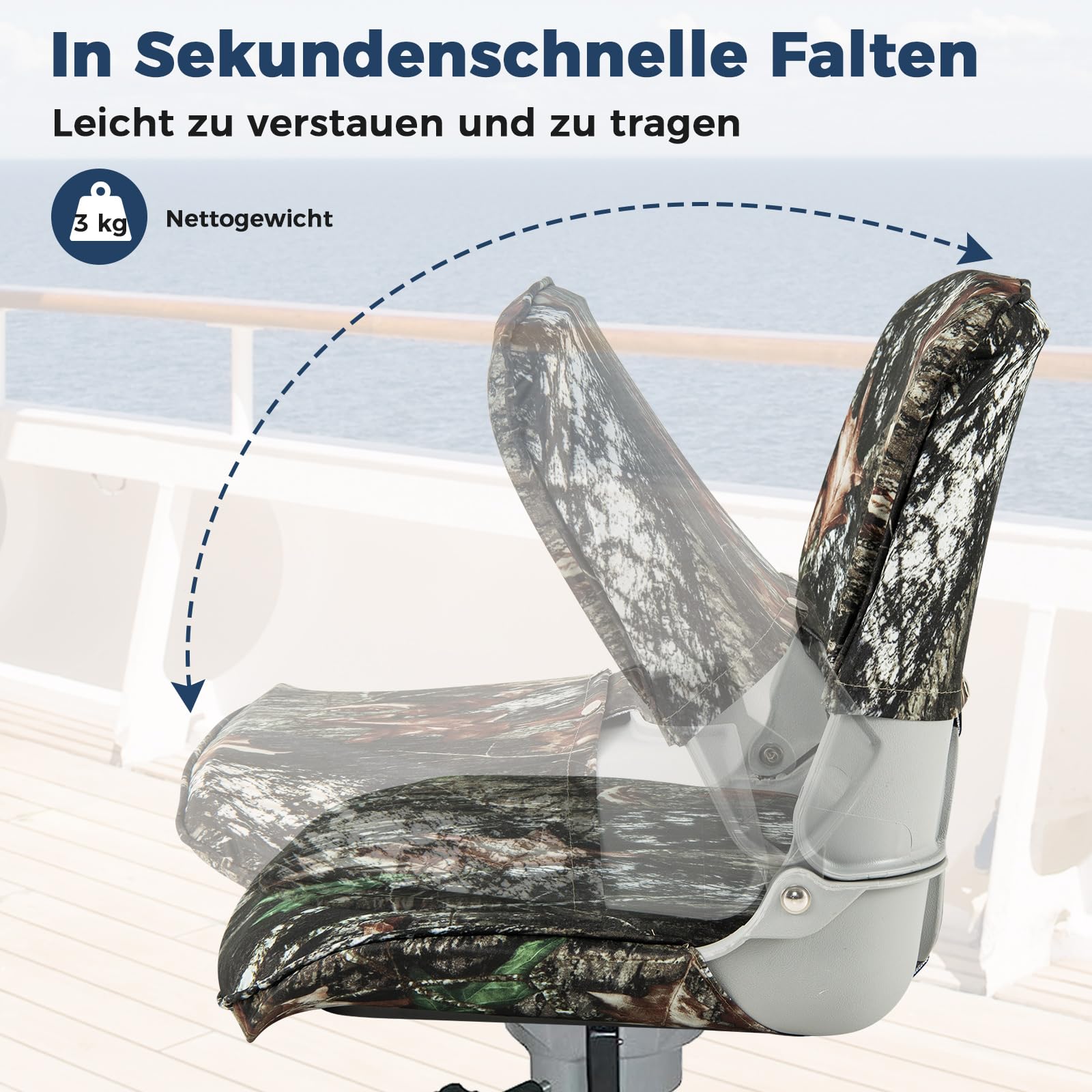 COSTWAY Bootssitz klappbar, Bootsstuhl mit niedriger Rückenlehne, gepolsterter Steuerstuhl für Angelboot, Ausflugsboot, Motorboot, Kanu, 50 x 50 x 47 cm