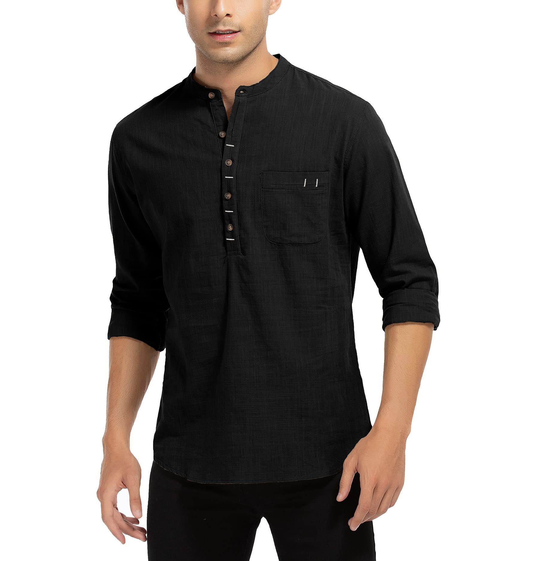 WAZZAP Camisas Hombre Lino Manga Larga Casual con Botones Hippie Playa Henley Camisa