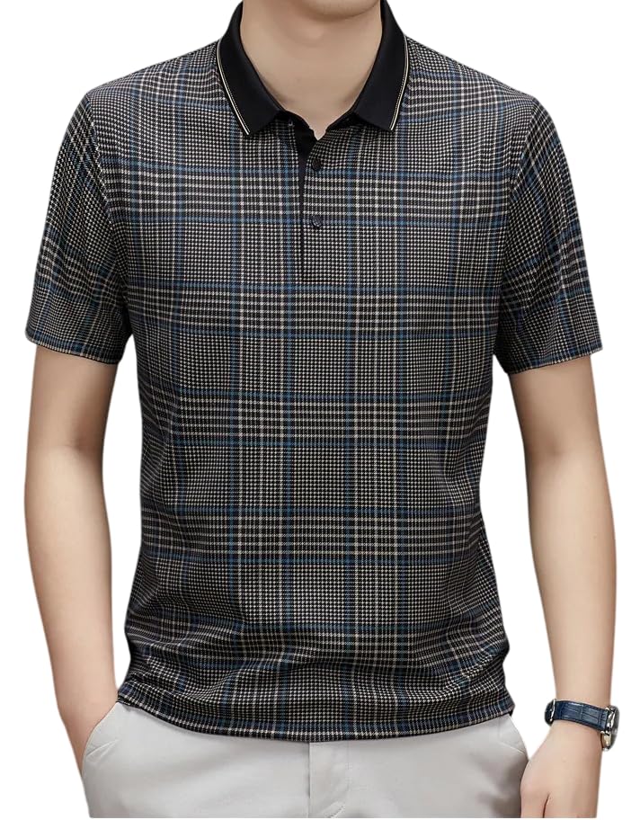 poshpeno Men's Plaid Short Sleeve Polo T-Shirt, Black Collar, Check Pattern T-Shirt-picture-31