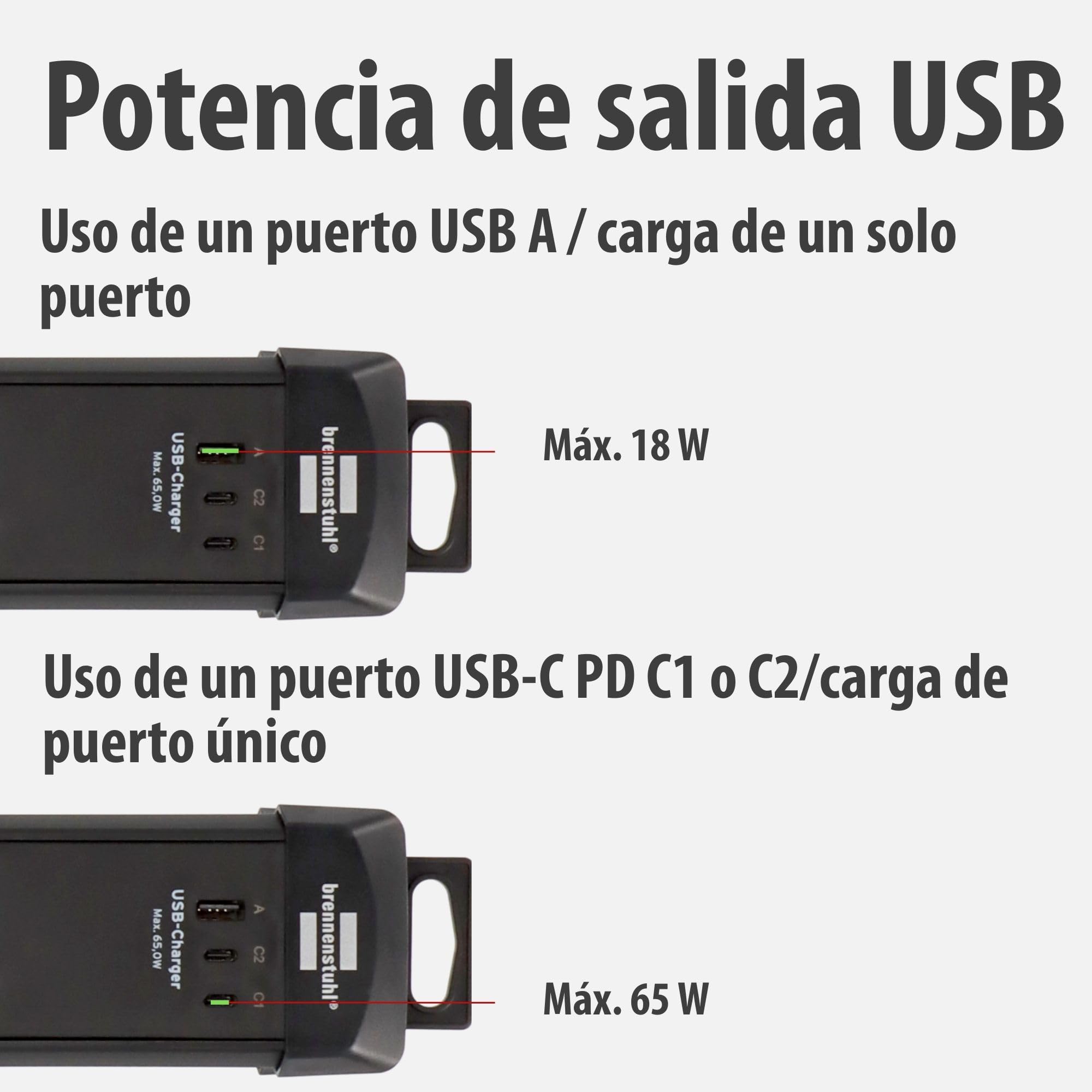 Brennenstuhl Premium-Line regleta de enchufes de 6 vías con 2X USB C PD 65W y USB A 18W (Made in Germany, regleta con Interruptor y Cable de 3m, para Montaje en Pared) Negro