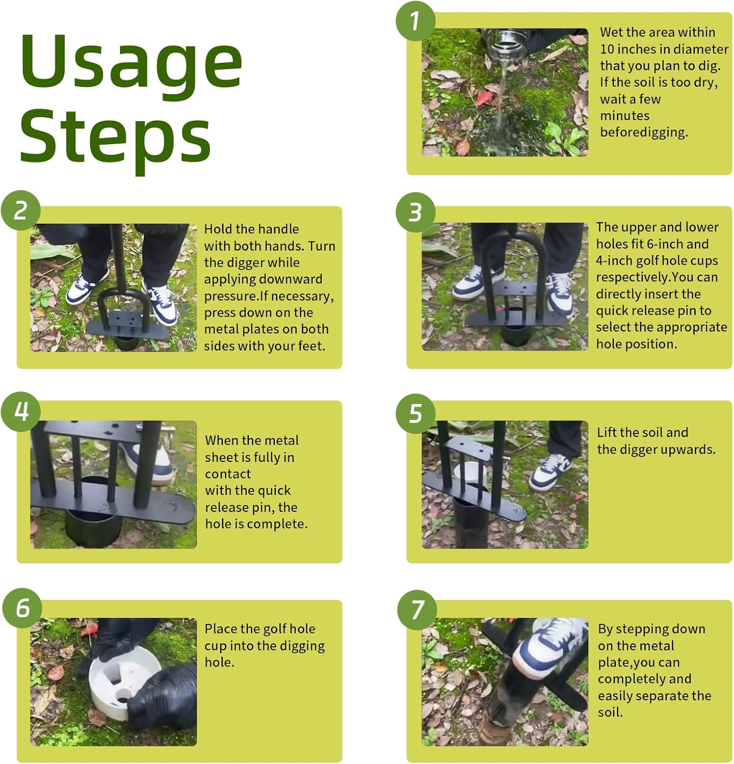 Portable Golf Hole Cutter Tool, Golf Practice, 4" & 6" Metal Cup Digger with Detachable Handle for Backyard, Lawn & Putting Green Outdoor Training Aid