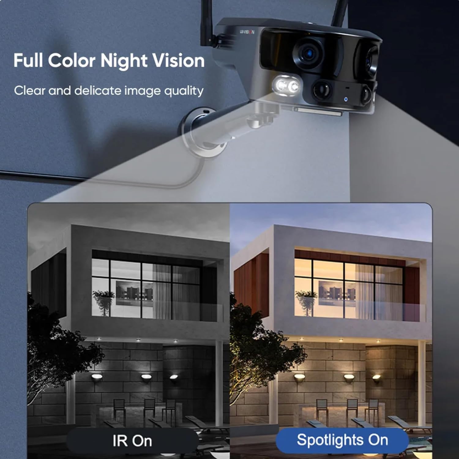 Comparison of IR night vision and full-color night vision with spotlights on