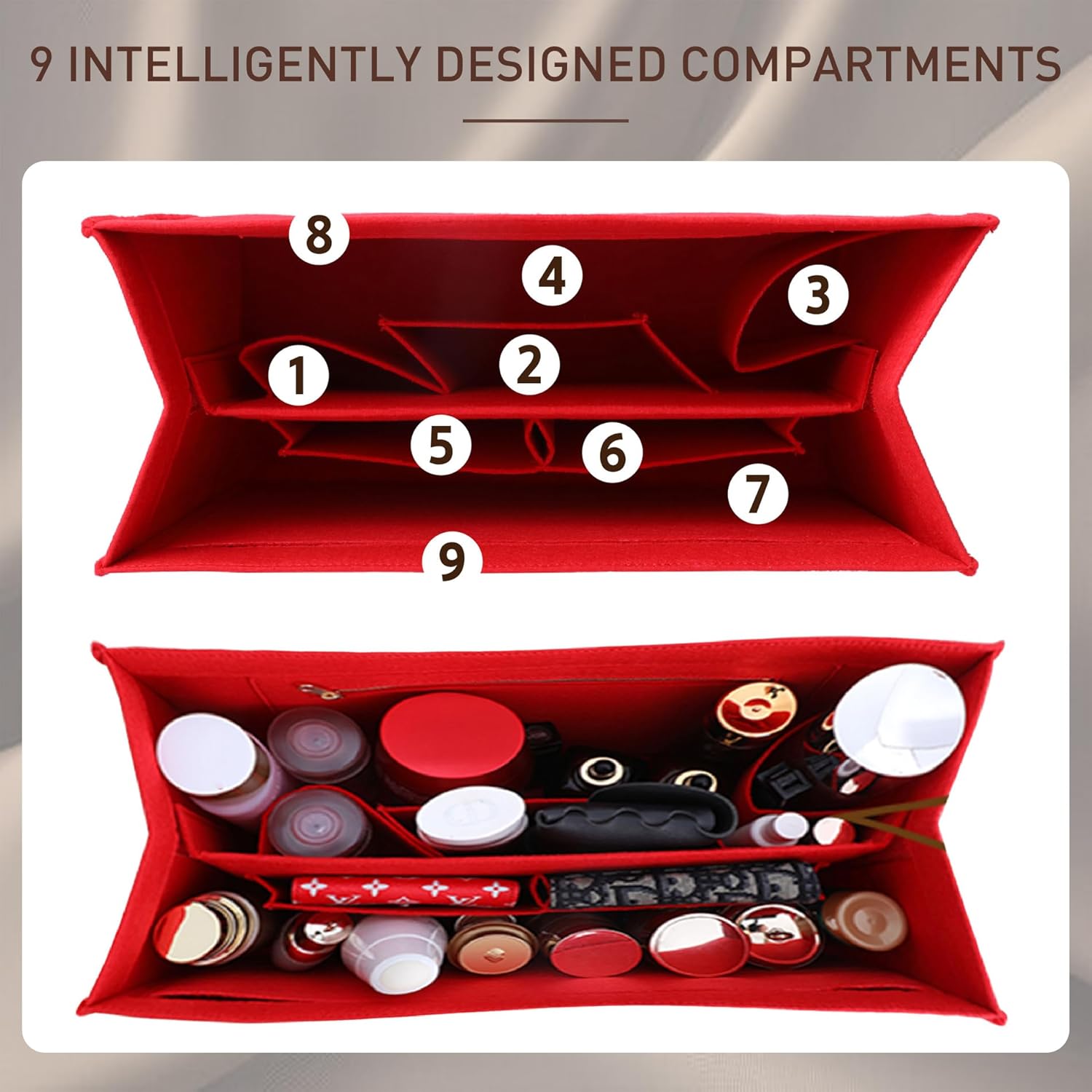 Bag Organizer Insert for LV On The Go MM and Dior Medium Book Tote and more, 9-Section Customizable Purse Organizer with Secure Zippered Pocket Water Bottle Holder, Handbag Shaper Protector (Red) - Image 3