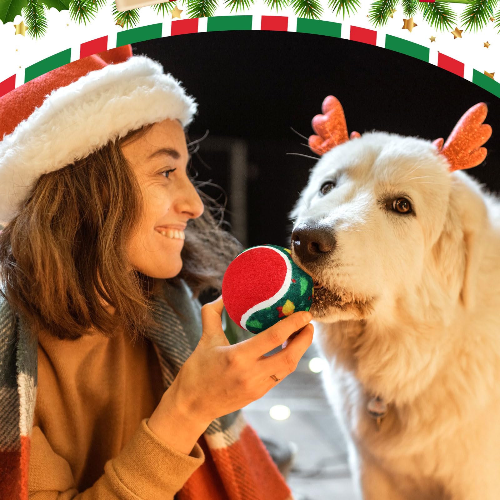 Hiboom Weihnachts-Tennisbälle für Hunde, 6,3 cm, interaktives Spielzeug für kleine, mittelgroße und große Zahnen, Kautraining, Spielen, Weihnachten, Haustiergeschenk, 48 Stück
