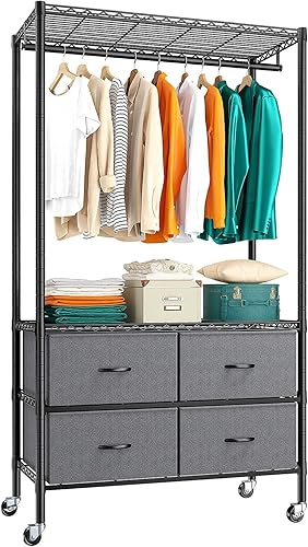 Miniatura 8 de Raybee Perchero de Ropa con 4 Cajones y Estantes, Perchero de Alta Resistencia para Colgar Ropa, Armario Portátil, Metálico, Resistente, Rosa