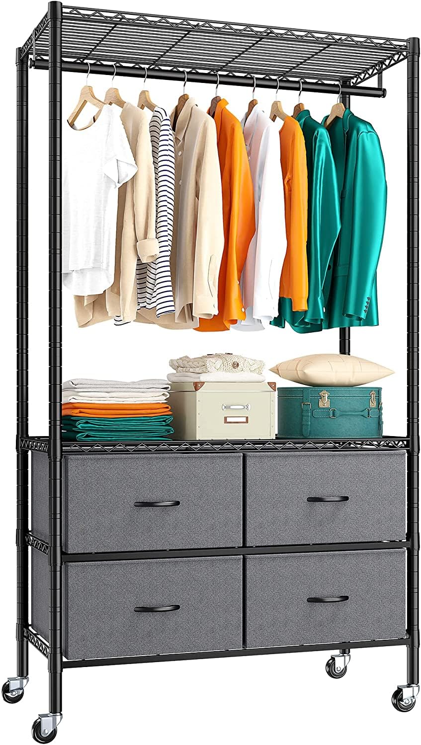 Raybee Rolling Clothes Rack for Hanging Clothes Clothing Rack with 4 Fabric Drawers and Wheels Portable Adjustable Sturdy