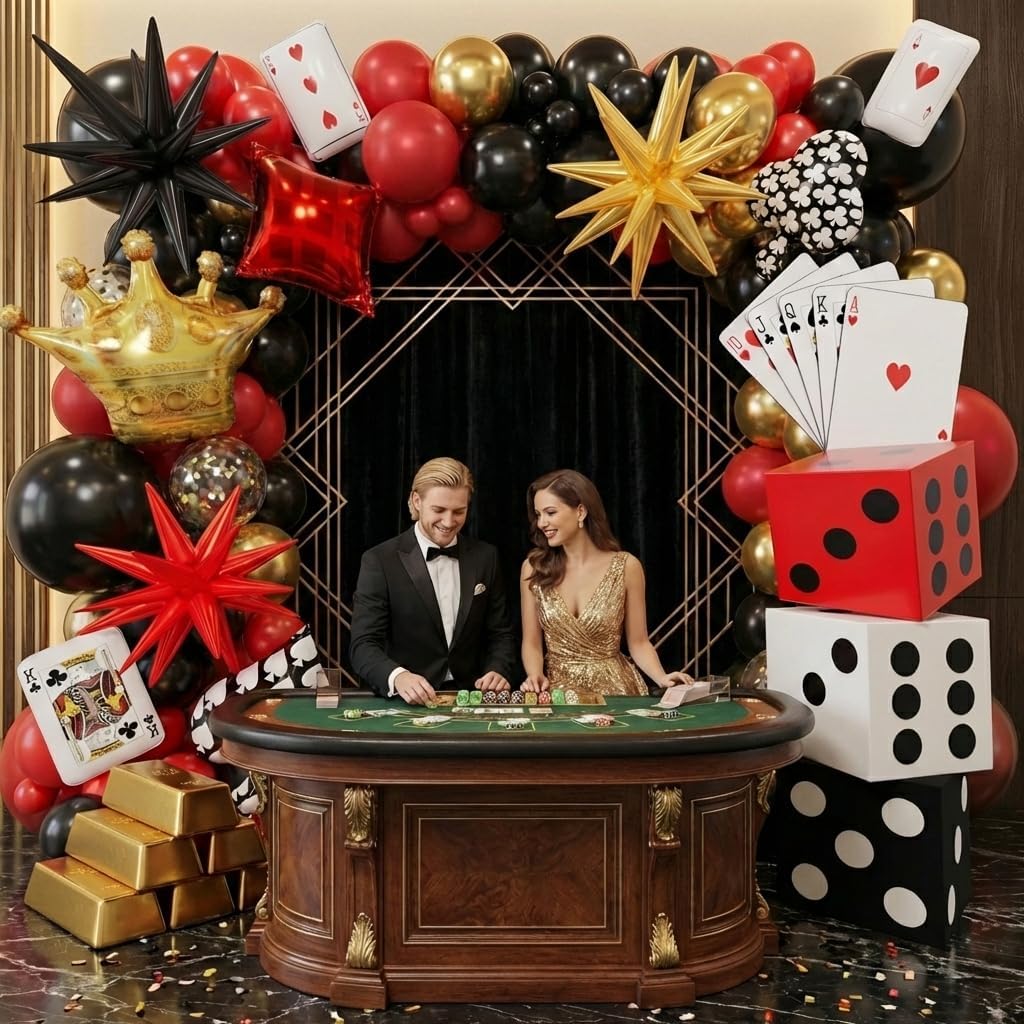 Casino Balloons Arch Kit - Latex Balloons, Dice Boxes, Full Deck of Big Pokers, Star, Crown Balloon Garland Kit for Birthday Anniversary Game Night Las Vegas Casino Theme Party Decorations