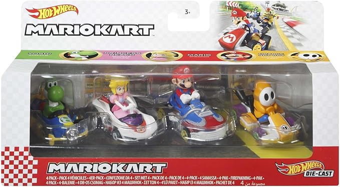Hot Wheels Mario Kart Pack con 4 Mini Coches de Juguete con Personaje, Regalo para Niños +3 Años (Mattel GWB38)
