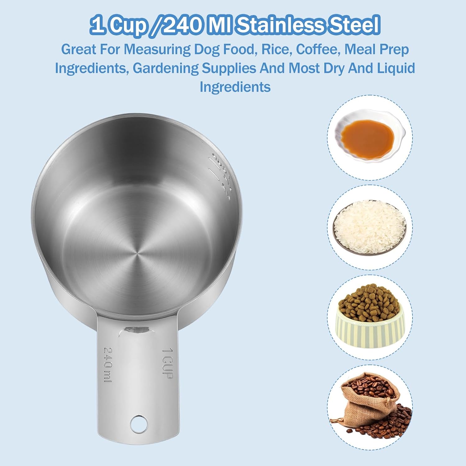 4 Pack 1 Cup Stainless Steel Measuring Cup Metal Measuring Cups with Handle Kitchen Cooking Gadgets Rice Measuring Cup for Wet and Dry Ingredients (240 ml | 240 cc | 8 oz)