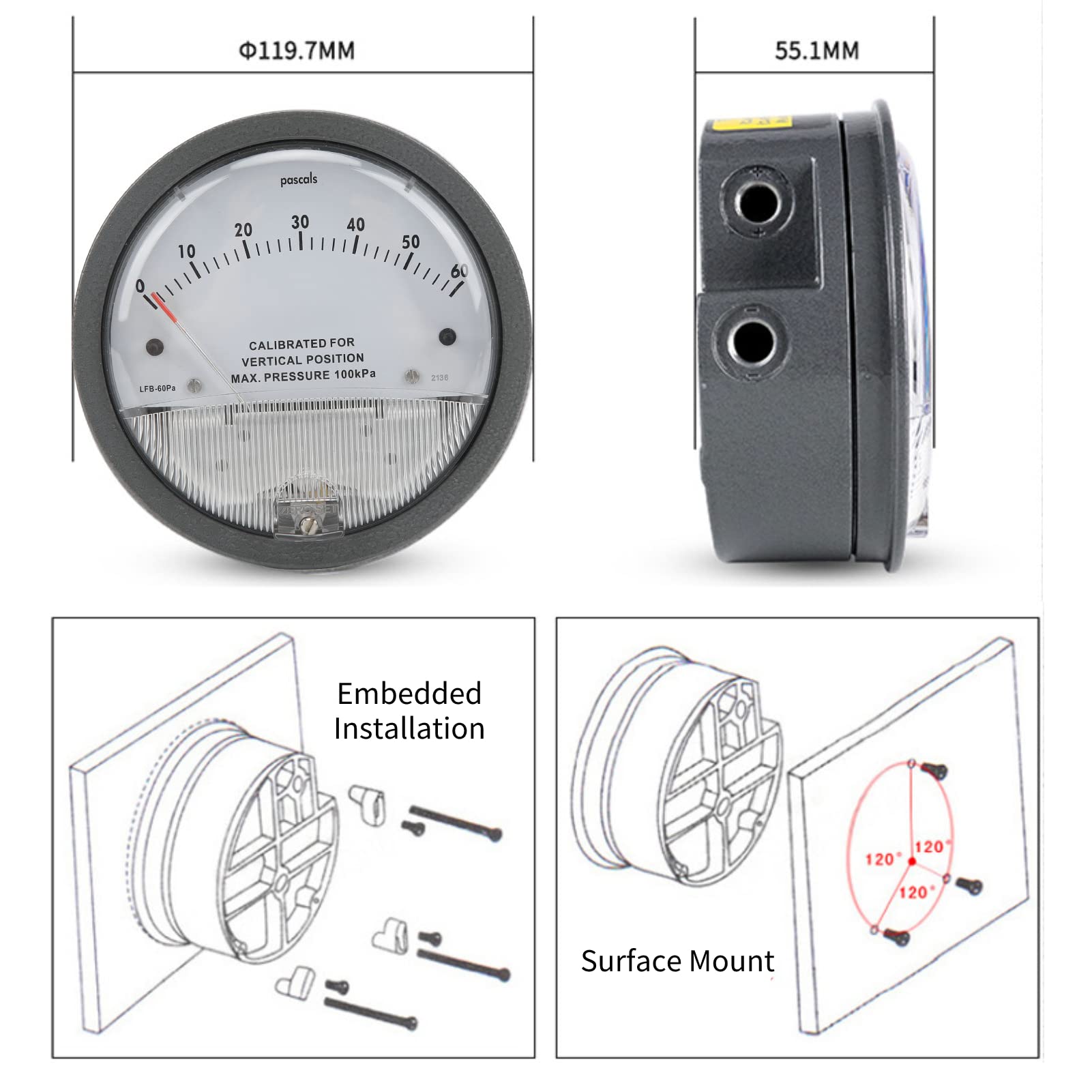 Manómetro Diferencial, Manómetro Industrial de 0 a 60 Pa, Rosca Hembra de 1/8, Rango de Temperatura de -7 ℃ a 60 ℃