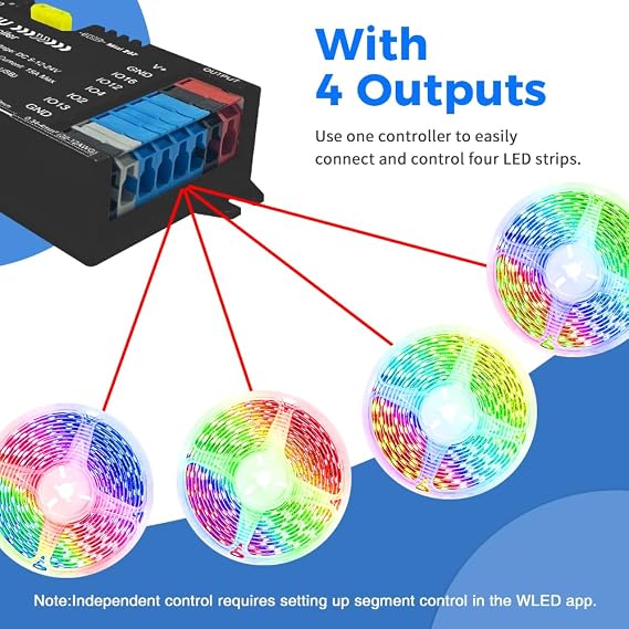 GLEDOPTO ESP32 WLED LED Strip Controller with 4 Outputs Ethernet Music Sound Reactive UART 20A Pluggable Fuse for WS2811 WS2812 SK6812 WS2815 Digital Addressable RGB IC Strip Light (618WL-4 Outputs) [Energy Class G]
