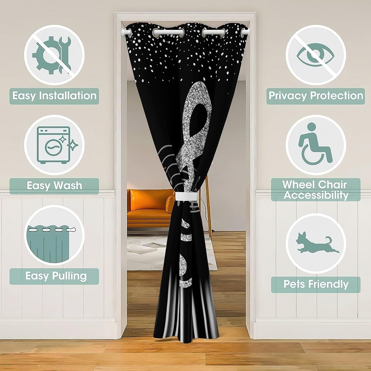 Silver Glitter Print Musical Note Door Curtain 34" W X 80" L Gray Simple Style Lines Graffiti Decor Doorway Curtain Privacy for Kids Teens Adults Modern Music Themed Door Drape for Bedroom Closet Door
