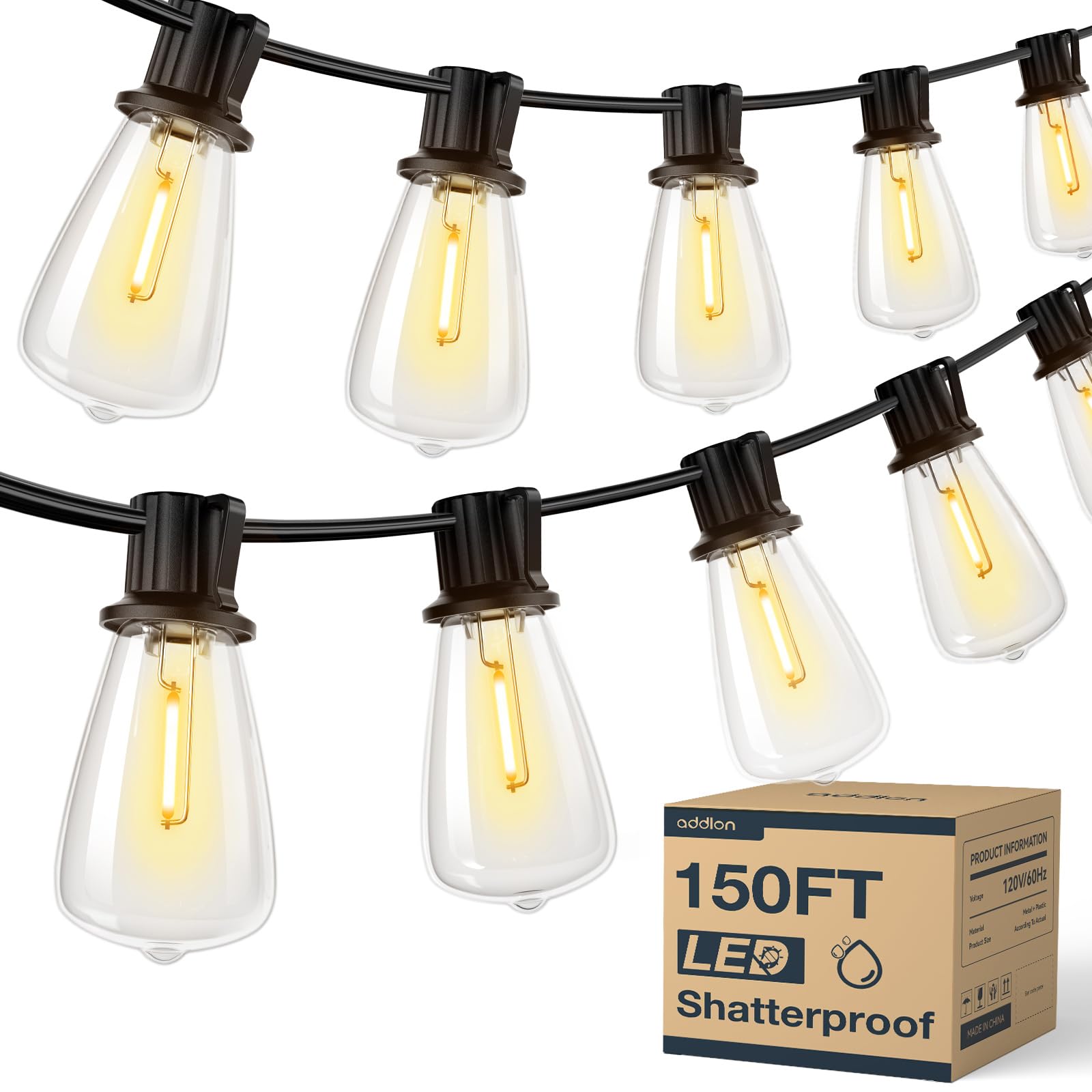 addlon 150FT(50FT*3) LED Outdoor String Lights Waterproof Patio Lights with 48 Shatterproof ST38 Replaceable Bulbs(3 Spare), Dimmable Outside Hanging Light Connectable for Porch, Backyard, 2200K
