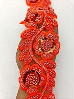Vista 1 de Elegante ribete de encaje naranja con cuentas, diseño floral con lentejuelas, ideal para realzar el vestido, cuentas plateadas, cristales