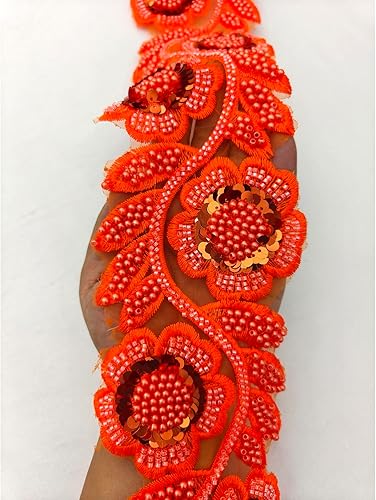 Elegante ribete de encaje naranja con cuentas, diseño floral con lentejuelas, ideal para realzar el vestido, cuentas plateadas, cristales,