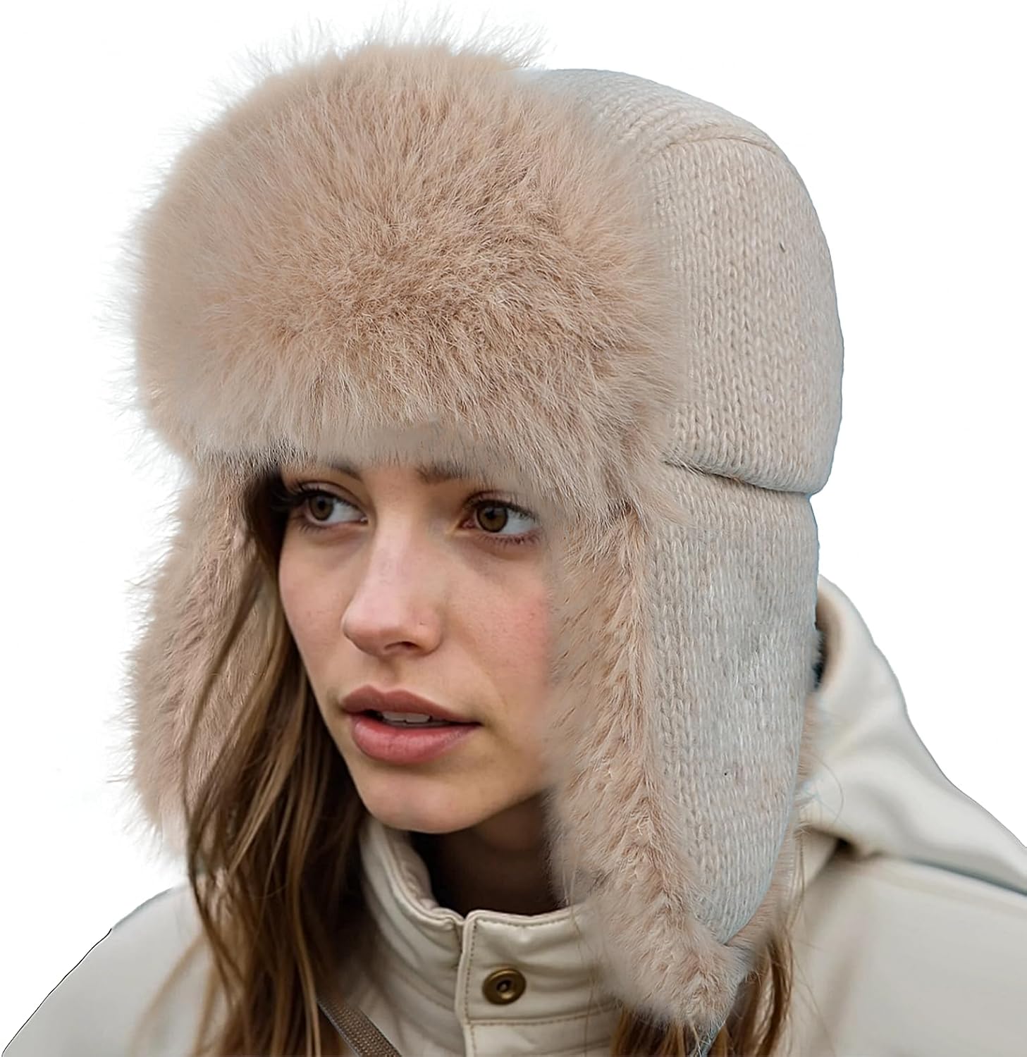 Winter Fuzzy Knit Trapper Hat with Faux Fur Earflap Fleece Lined Windproof Russian Ushanka Cap Ski Snow Hunting Hat