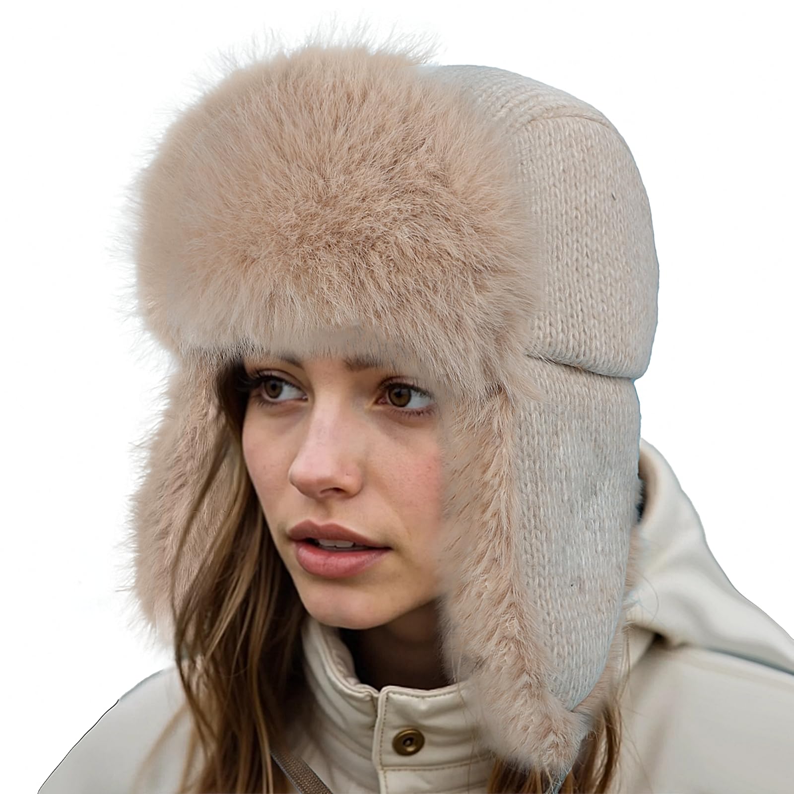 JIAHG Chapka d'hiver Tricoté Femme Chapeau de Trappeur Fausse Fourrure Doux Chaud Bonnet en Tricot avec Cache-Oreilles Capuchon Coupe-Vent pour Ski Camping et Randonnée