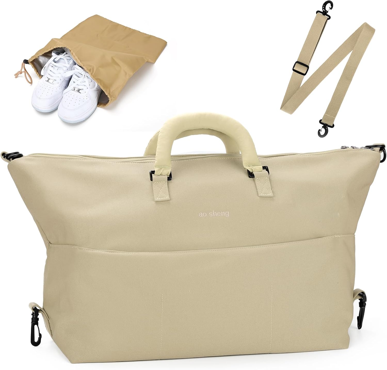 Small Gym Bag with Shoe & Wet Pocket for Women, 25L Waterproof Overnight Weekender Bags, Personal Item Travel Duffle Bag for Airplane, Cute Sports Duffel Bags for Gym Swim Dance, Khaki