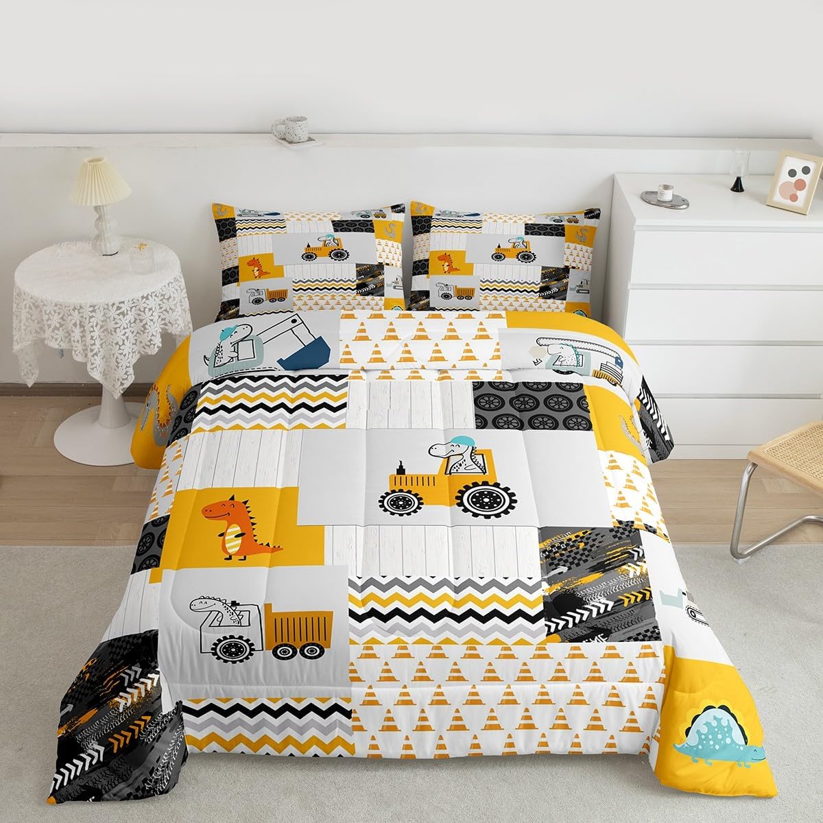 Feelyou Construction Comforter Set Queen Size Kids Cartoon Car Excavator Tractor Toddler Comforter Equipment Trucks Plaid Grid Yellow Comforter Set Construction Vehicles Duvet Set Quilt Set