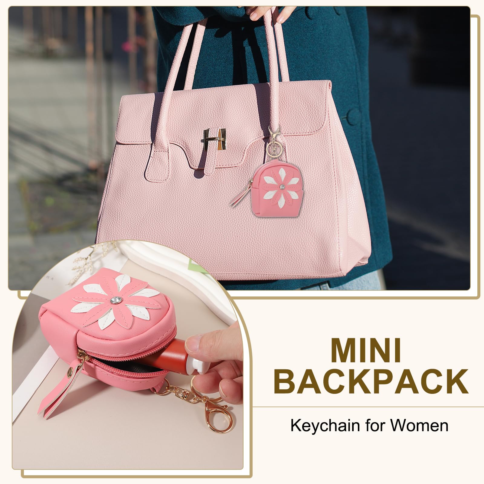 PATIKIL Mini Porte-Clés Sac À Dos pour Women, Créatif Mignon Pendentif Fleur Strass Sac PU Cuir Porte-Clés pour Makeup Clé Carte Organisateur Poche À Fermeture Éclair, Black