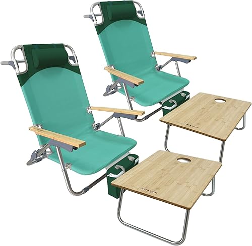 Mochila plegable de playa, paquete de 2 unidades, de aluminio, 5 posiciones, con mesa de bambú para campamento, silla de descanso plana para