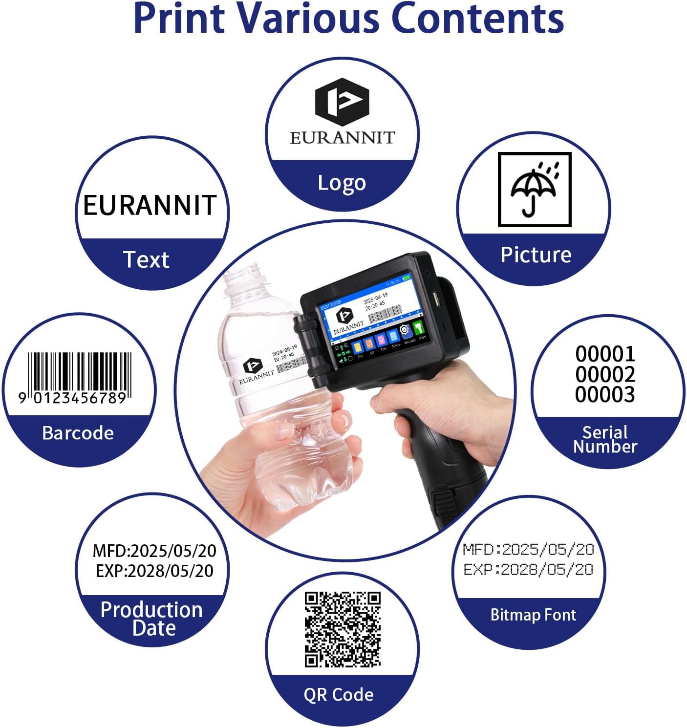 Handheld Inkjet Printer E55 with W6900K Fast-Drying Ink Cartridge, Portable Handheld Printer Gun 0.5 Inch Nozzle for Serial Numbers Logo DIY QRCode barcodes, Print on Carton Plastic Metal