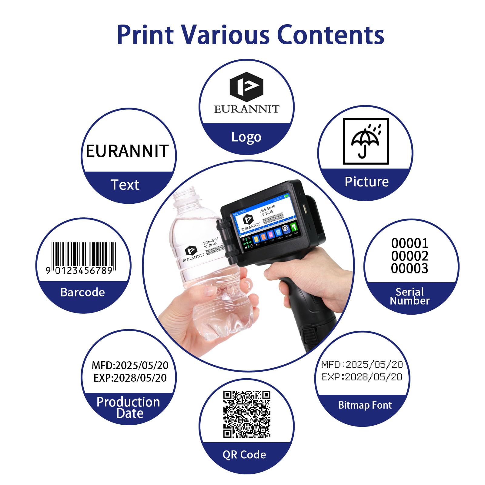 E55 Impresora de inyección de Tinta portátil - Boquilla de 12,7 mm, Tinta rápida W6900K para cartón, Metal, plástico, códigos QR, Logotipos y números de Serie