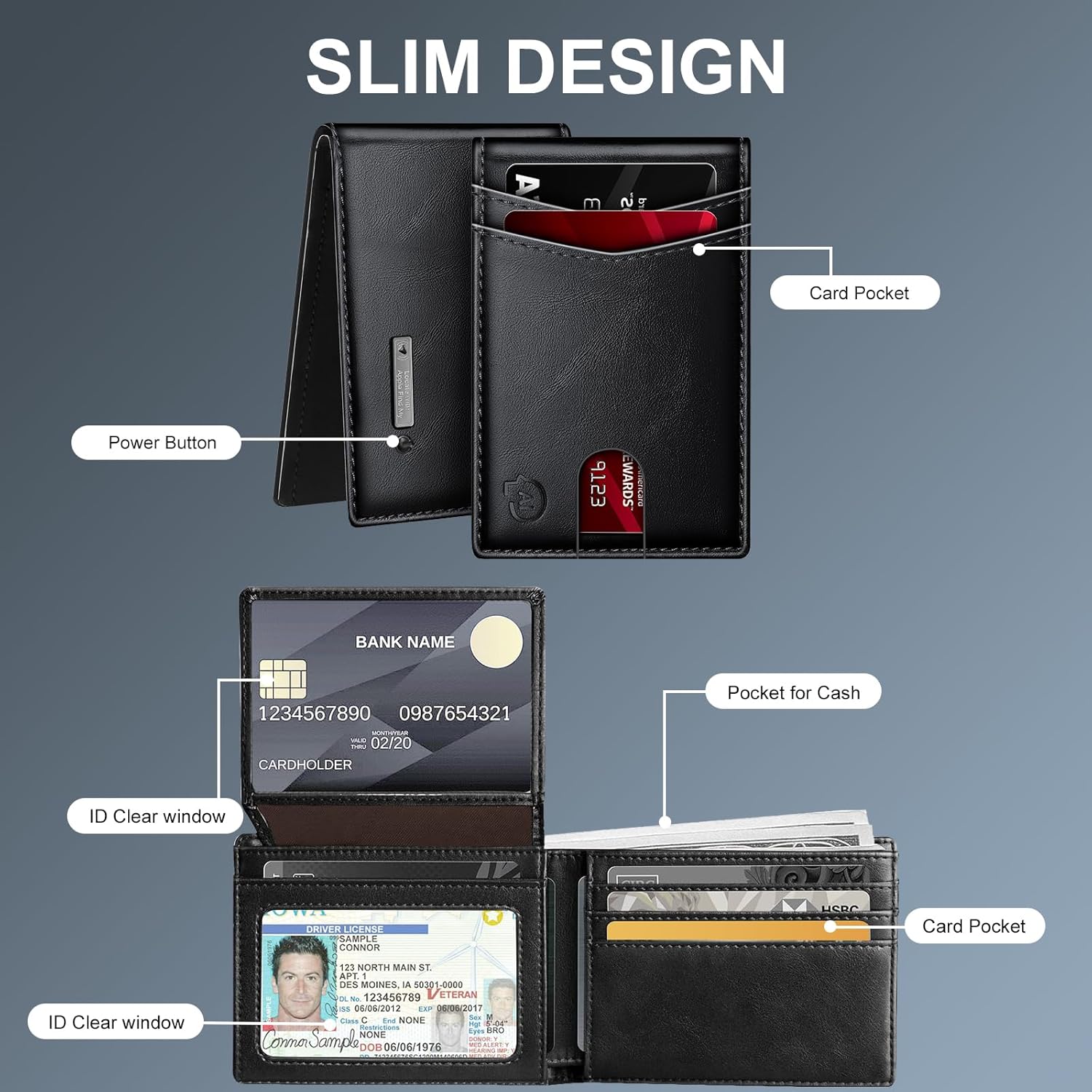 SMART LB Mens Wallet with Tracker, Rechargeable Wallet Finder, Works with Apple Find My or Bseek, Thin Design, Smart Item Locator (ONLY iOS(Black, Apple)