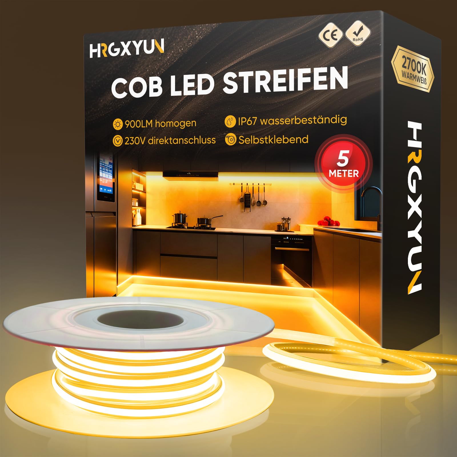 230 V COB Cinta LED exterior, 240 LEDs IP67 impermeable autoadhesiva, tira LED 900 LM sin transformador flexible para dormitorio, cocina, exterior, decoración, 2700 K, color blanco cálido, 5 m