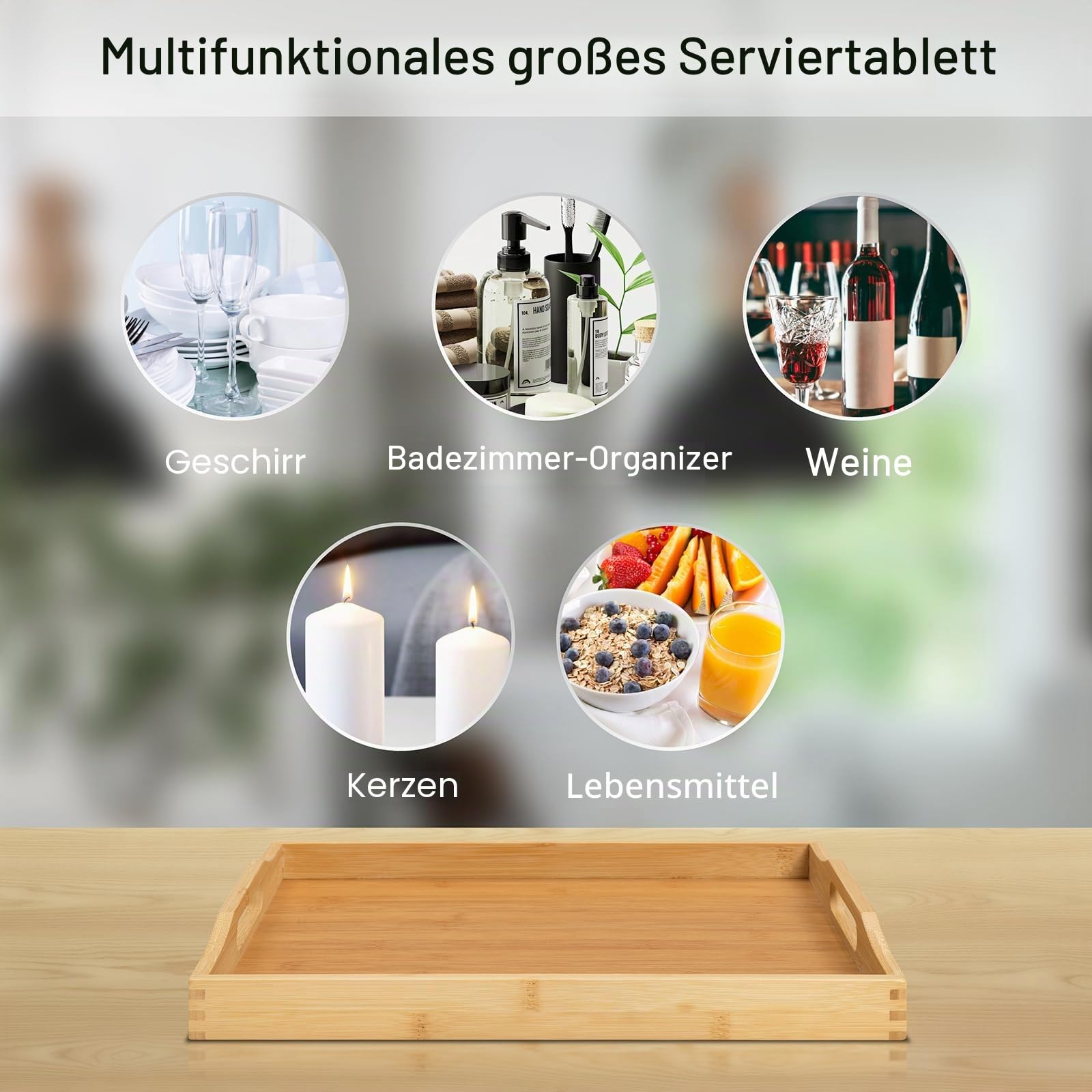 RRX Bambus-Serviertablett mit Griffen, Betttablett für Lebensmittel (Beige) | Holzschale für Tee, Snack, Abendessen, Home Dekorative Lagerung Lebensmittel, Teller,Ottoman für Küchenteller, Badezimmer