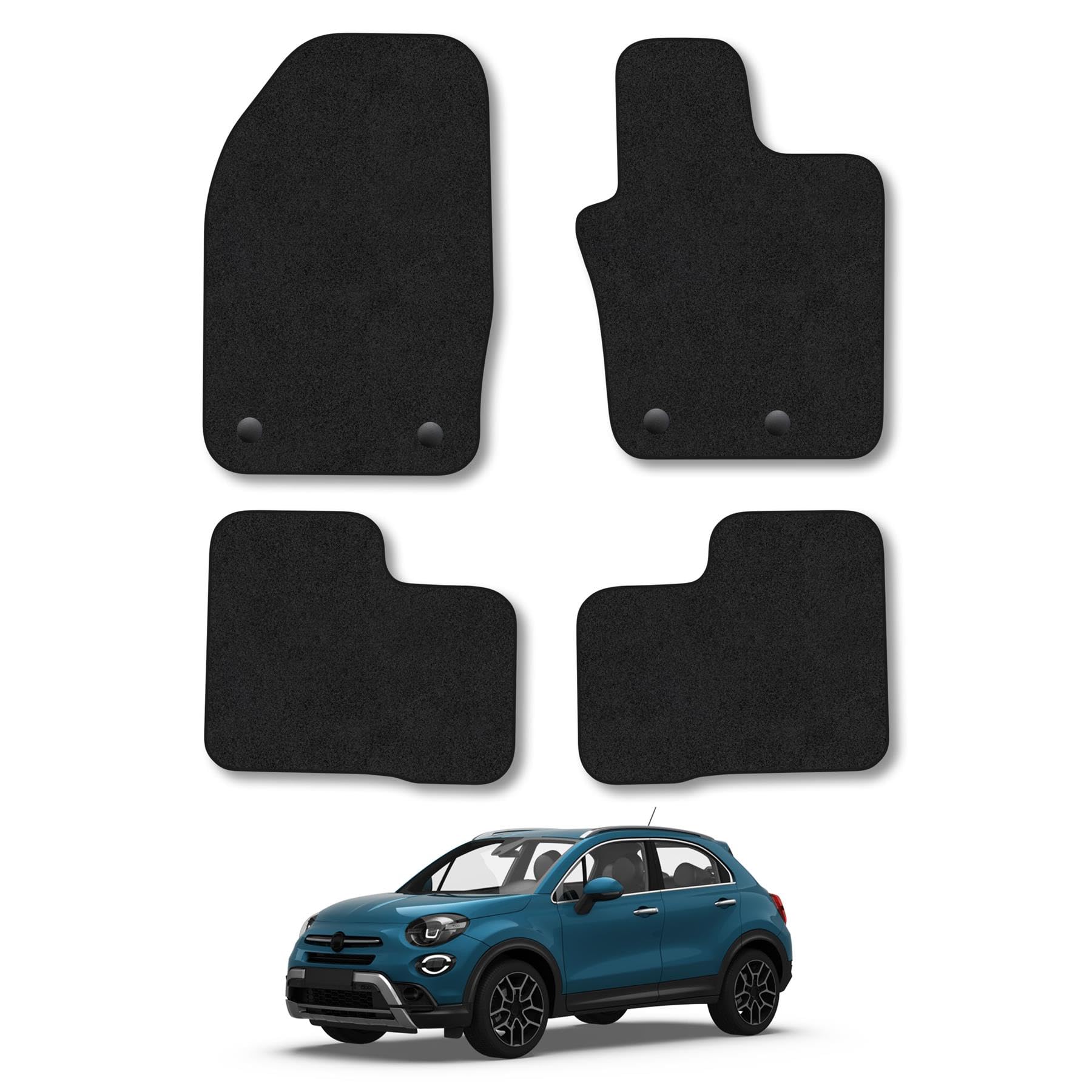 Fiat 500X (2016+) Car Mats Accessories Tailored Fit Carpet Floor Mats Non Slip Black Trim Full Coverage Compatible Accessory Front Rear Set Anti Slip Granulated Backing Hand-Finished Clips