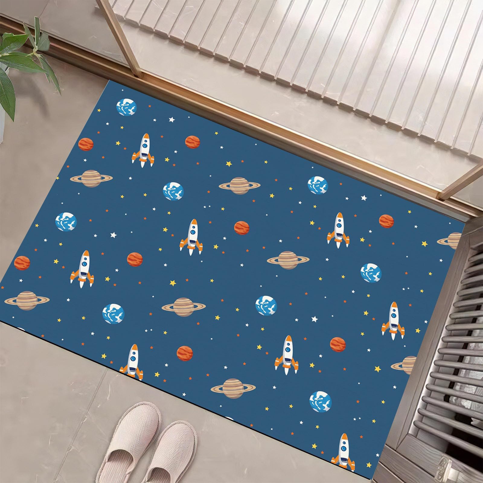 Felpudo de Bienvenida con Cohetes, Tierra, 80x120cm Felpudo Entrada Casa Planeta Espacial Antideslizante Alfombra Pasillo de Perfil Bajo para Debajo de la Puerta, Azul