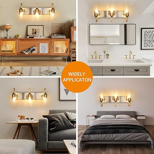 Miniatura 6 de Lámpara de baño de níquel cepillado de 3 luces con pantalla de vidrio transparente, luces de pared modernas de 23.62 pulgadas para dormitorio,