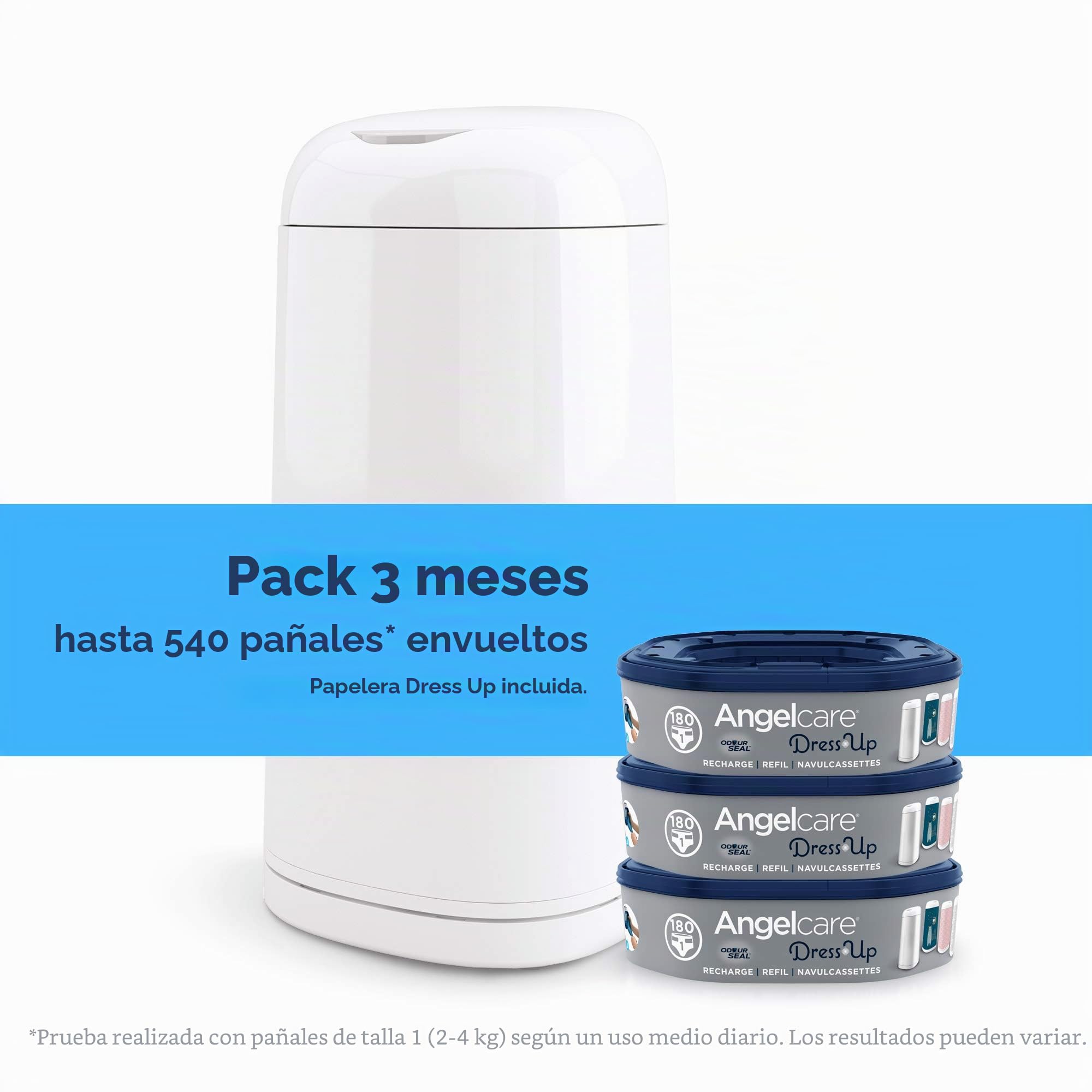 Angelcare - Cubo de basura con pañales y 3 recargas, antiolores/gran capacidad, antibacteriano, uso simple, vestido para arriba, color blanco