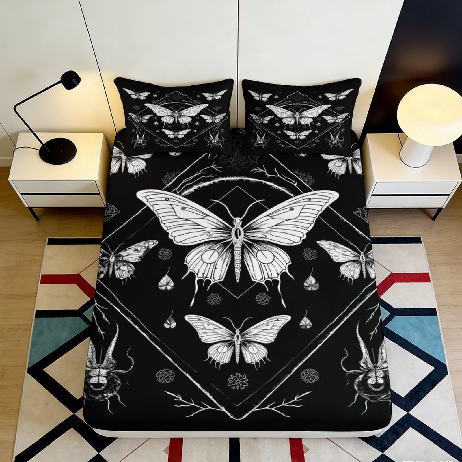 3D Printed Butterfly Microfiber Fitted Sheet Non-Slip Deep Pocket Black Butterflies Mattress Fitted Cover Washable Bedding for Adults Teens 200x200x25cm