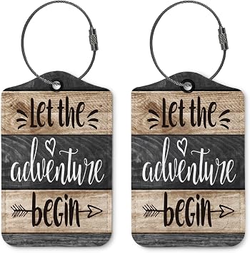 Couple Luggage Tags for Suitcases,Let The Adventure Begin 2 Pack Travel Suitcase Tags,Wood Stripes Traveling Accessories Baggage Tag Label with Steel Loop,Bride Groom Travel Gifts