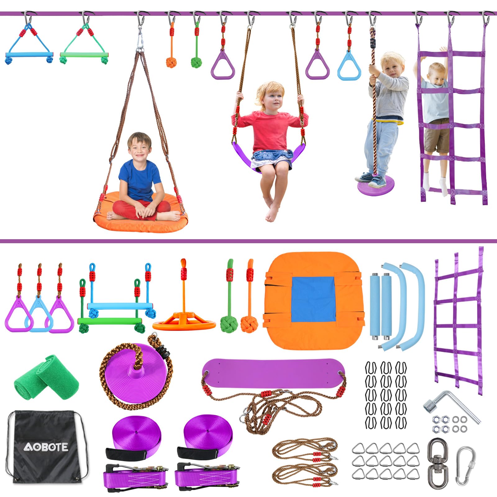 AOBOTE Ninja Warrior Obstacle Course for Kids,2x56ft Slackline with 12 Accessories,Saucer Swing with 360 Degree Rotating Wheel,Ninja Course for Kids Outside(AB010001-3)