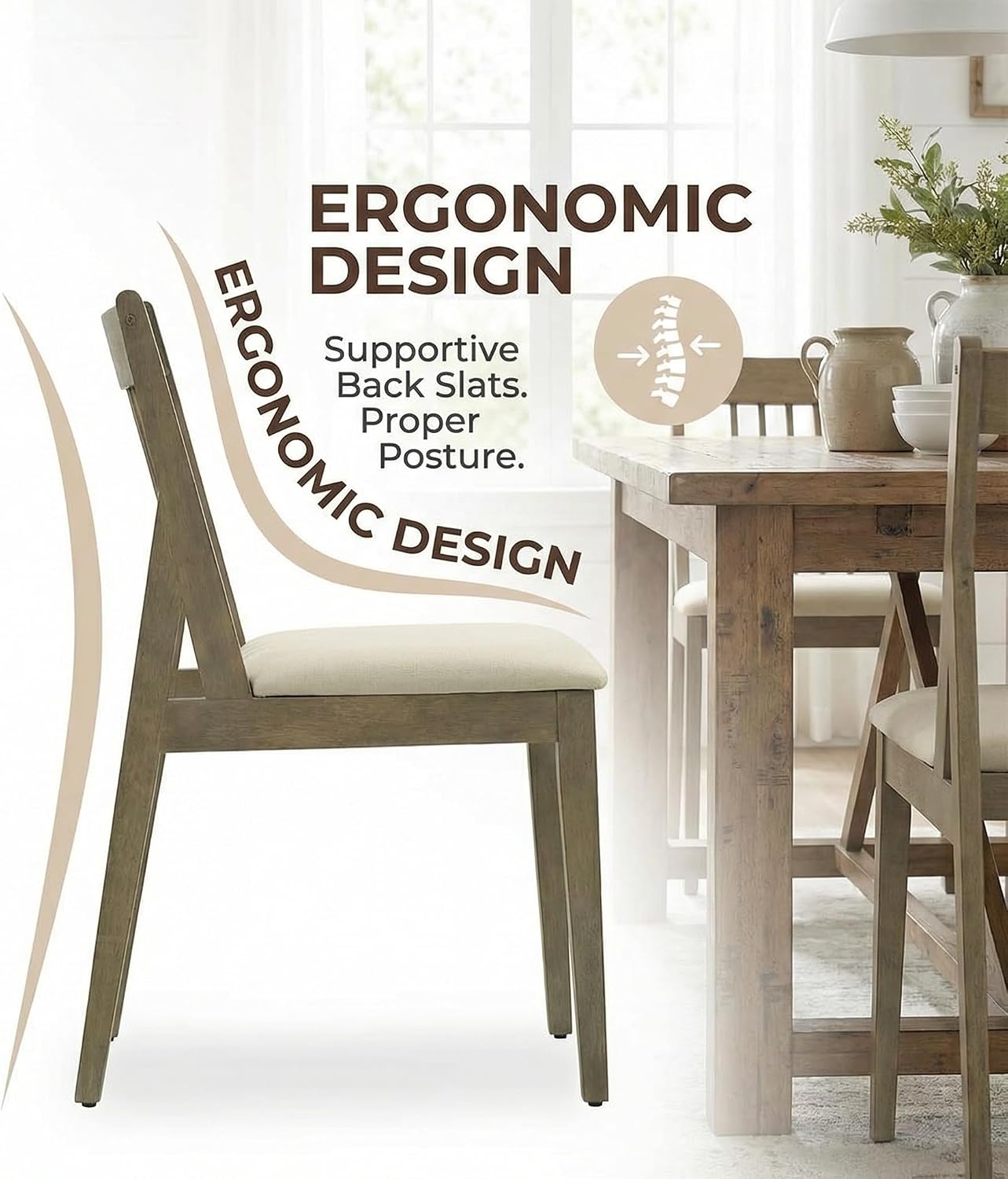 Kmax Upholstered Dining Chairs Rustic Vintage Kitchen Chair Light Brown Wooden Chairs with Slat Back for Restaurant Dining Room, 4 PCS