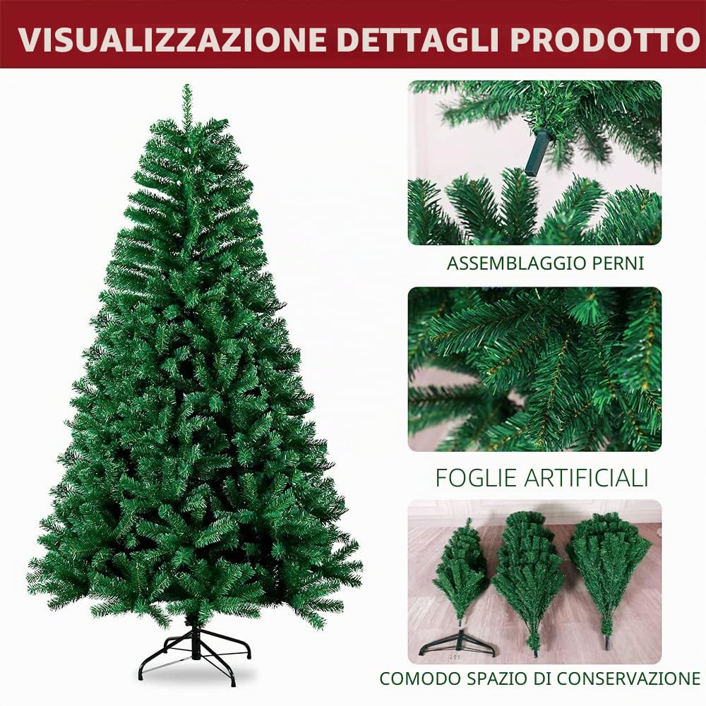 Albero di Natale Artificiale, Folto e Realistico, Rami con Apertura ad Ombrello, Ignifugo, In PVC con Base in Metallo (1.8M800-verde)