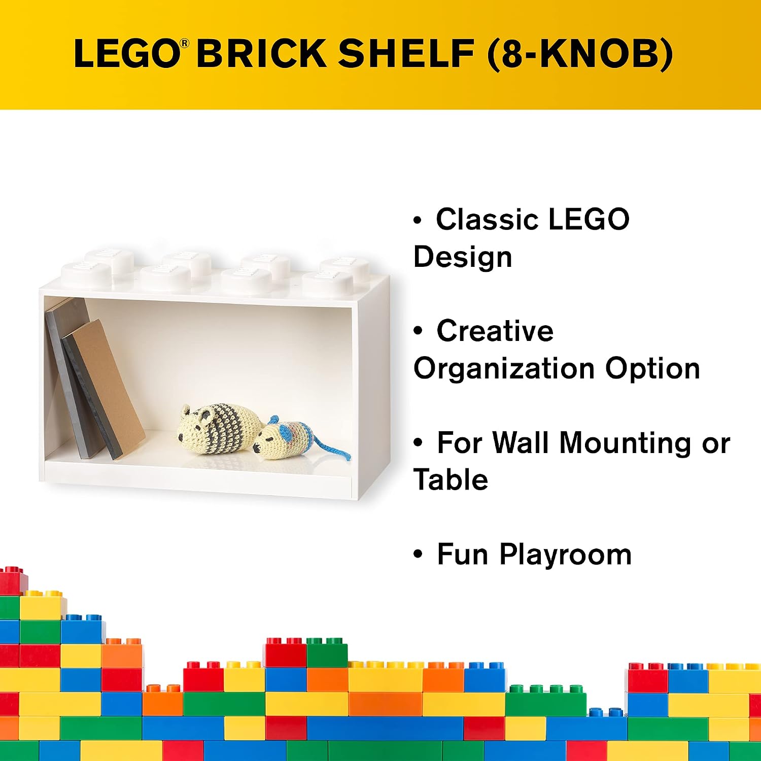 Room Copenhagen, Lego Brick Shelf Box - Stackable or Mountable Storage Compartment - 8 Stud, White