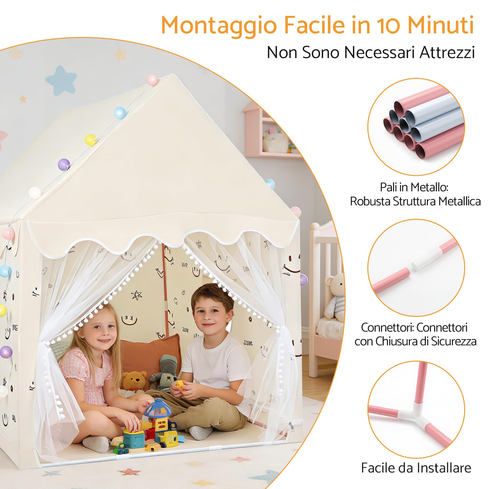 Tenda Gioco per Bambini 120×100×130 cm con Luci LED e Finestre | Capanna da Gioco per Bambini di 3-12 Anni Spaziosa e Portatile per Interno ed Esterno, Montaggio Rapido in 10 Minuti
