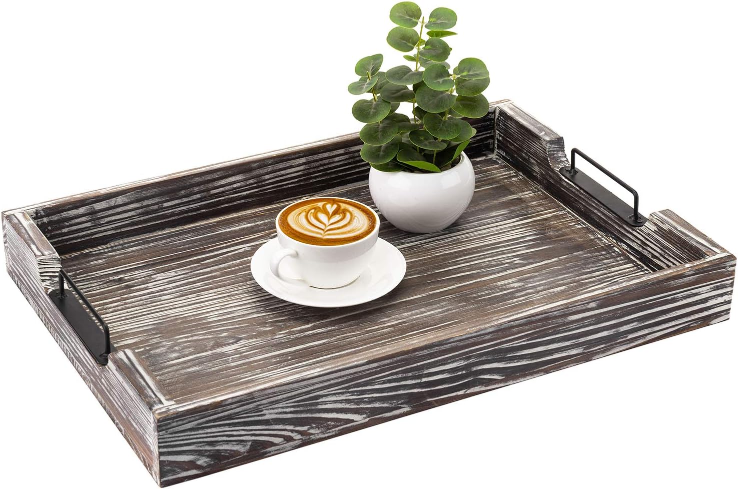 MyGift Torched Wood Large Serving Tray with Handles, 20 x 14 Ottoman Tray, Breakfast, Coffee Server Tray