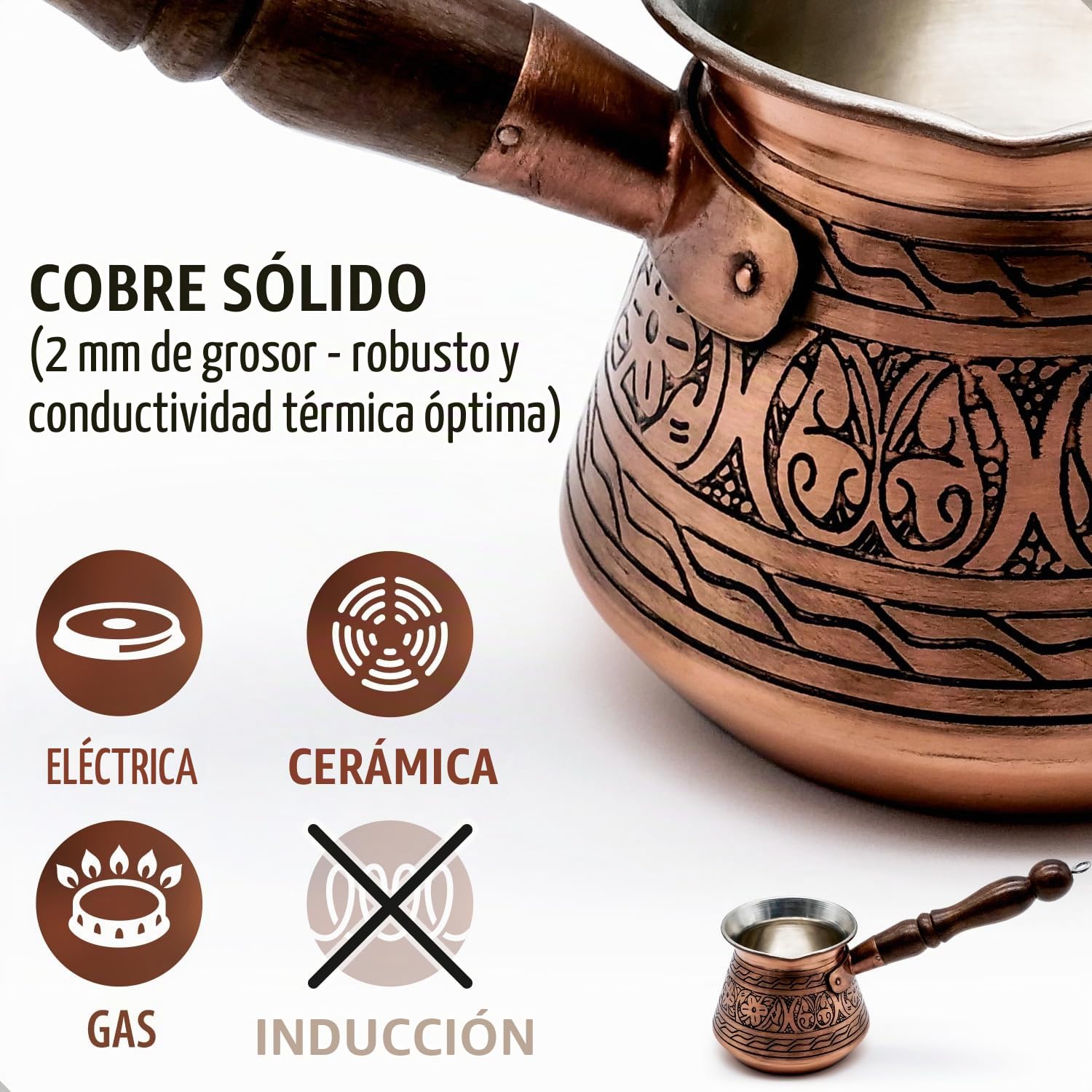 Jarra moca hecha a mano de 450 ml de cobre de 2 mm de grosor grabada - Cafetera turca - Cezve - Ibrik - Briki - para 5 personas