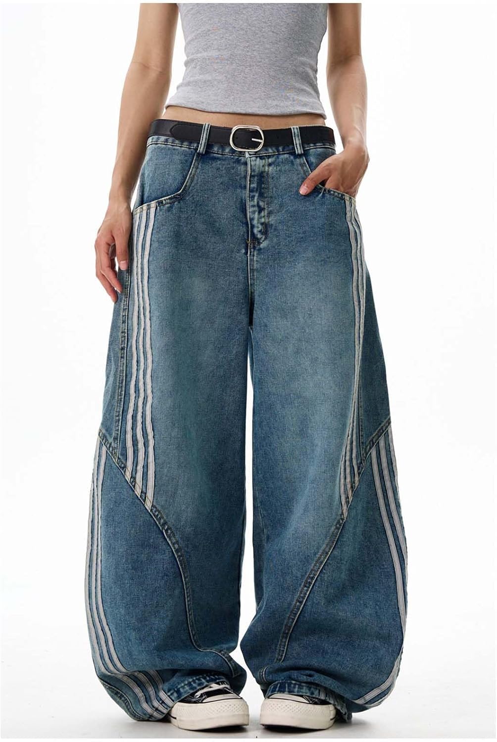 Hip-Hop Vintage Washed Barrel Jeans for Women - Cute Baggy Y2K Streetwear Wide Leg Denim Pants with Vertical Stripes