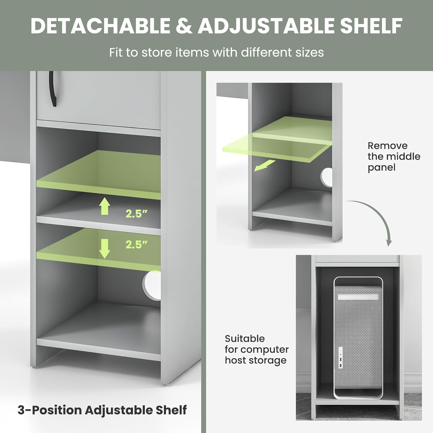 Image illustrating the adjustable shelf feature of the GOFLAME Computer Desk.