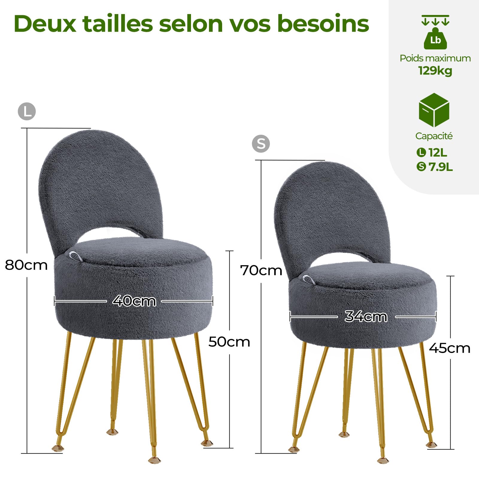 Rolanstar Tabouret de Coiffeuse en Velours avec Rangement Caché – Dossier Pliable Transformable en Repose-Pieds – Pouf de Maquillage Confortable pour Chambre ou Bureau (Gris, Grand)